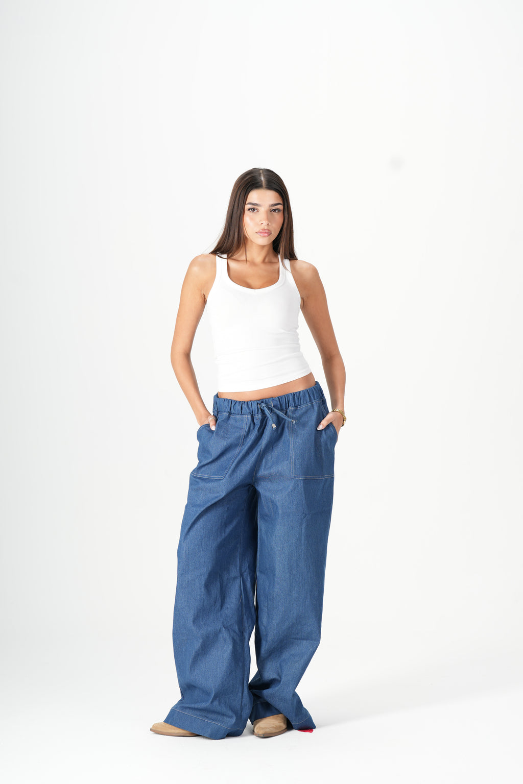 Wide Leg Denim Pants - Blue