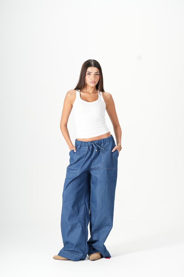 Wide Leg Denim Pants - Blue