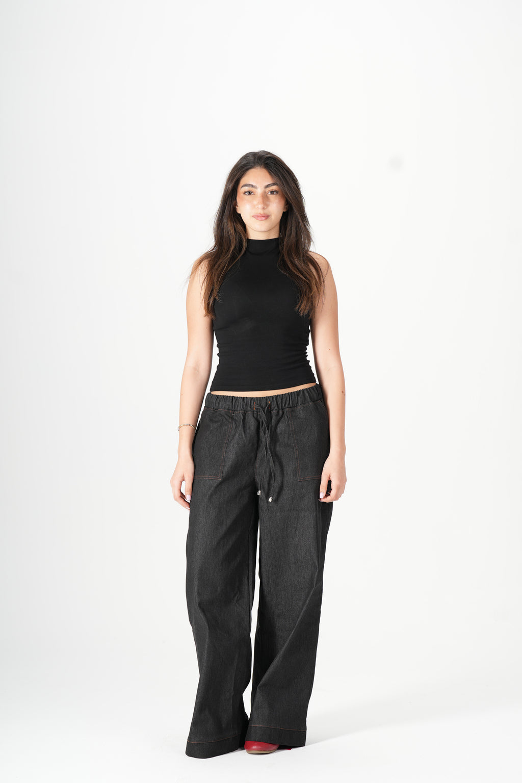 Wide Leg Denim Pants - Black