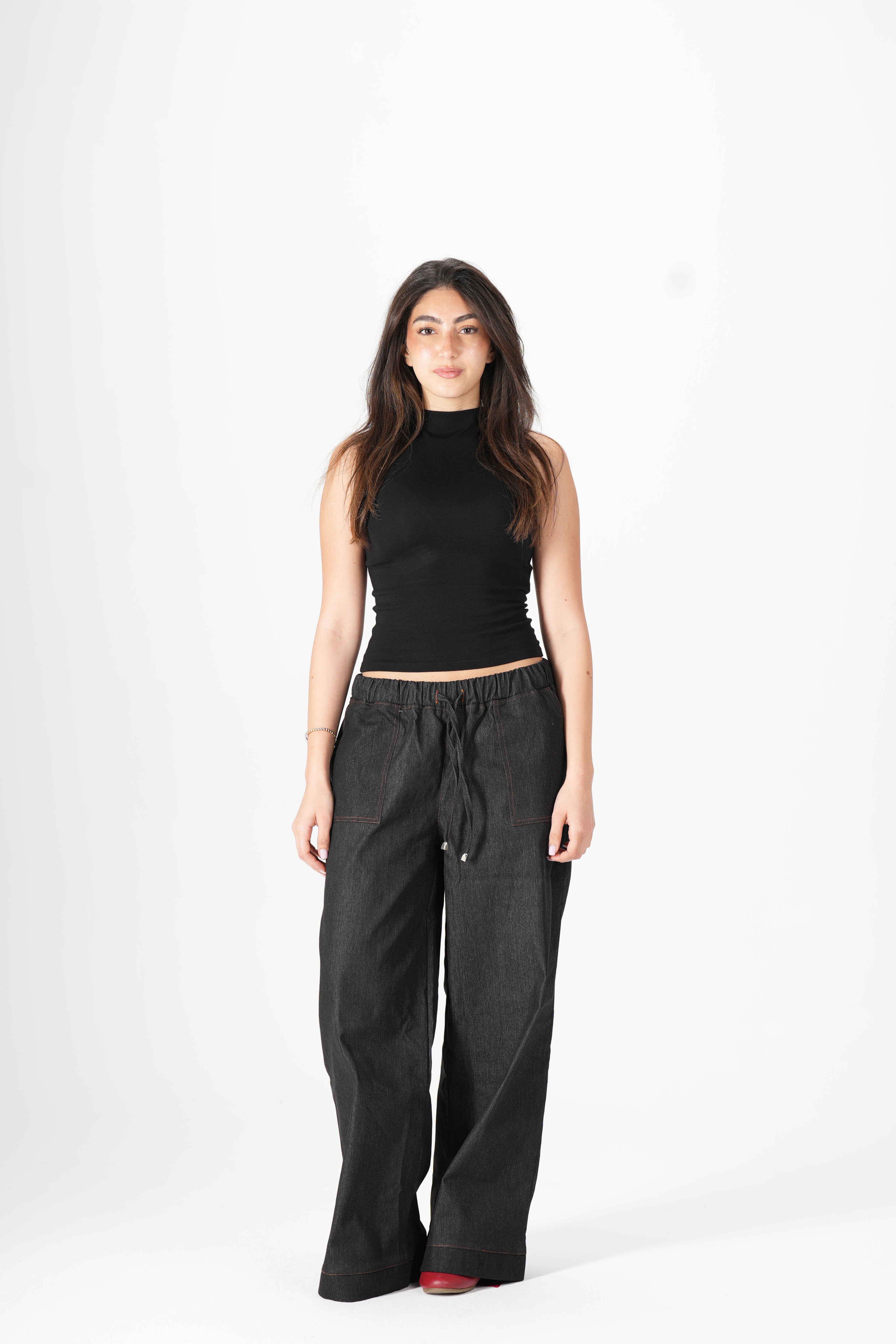 Wide Leg Denim Pants - Black