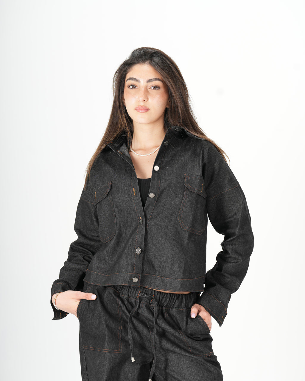 Cropped Denim Shirt - Black