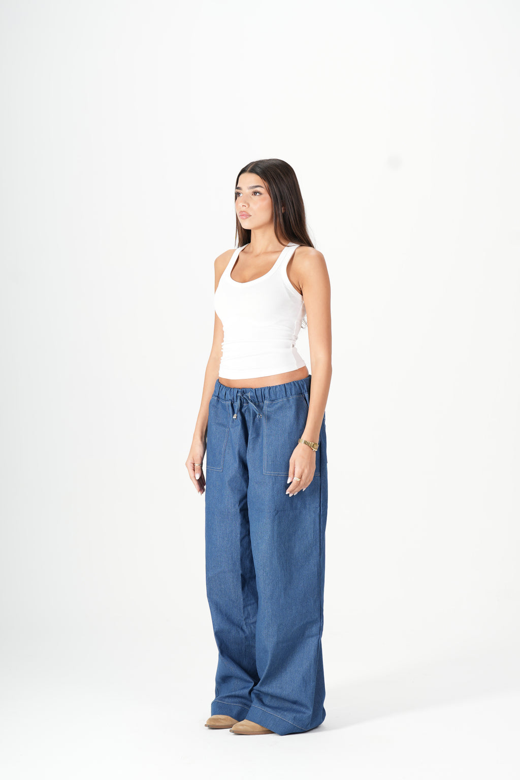 Wide Leg Denim Pants - Blue
