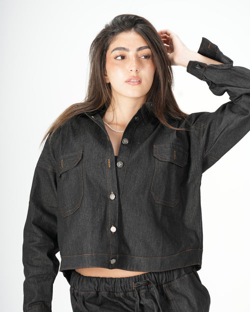 Cropped Denim Shirt - Black