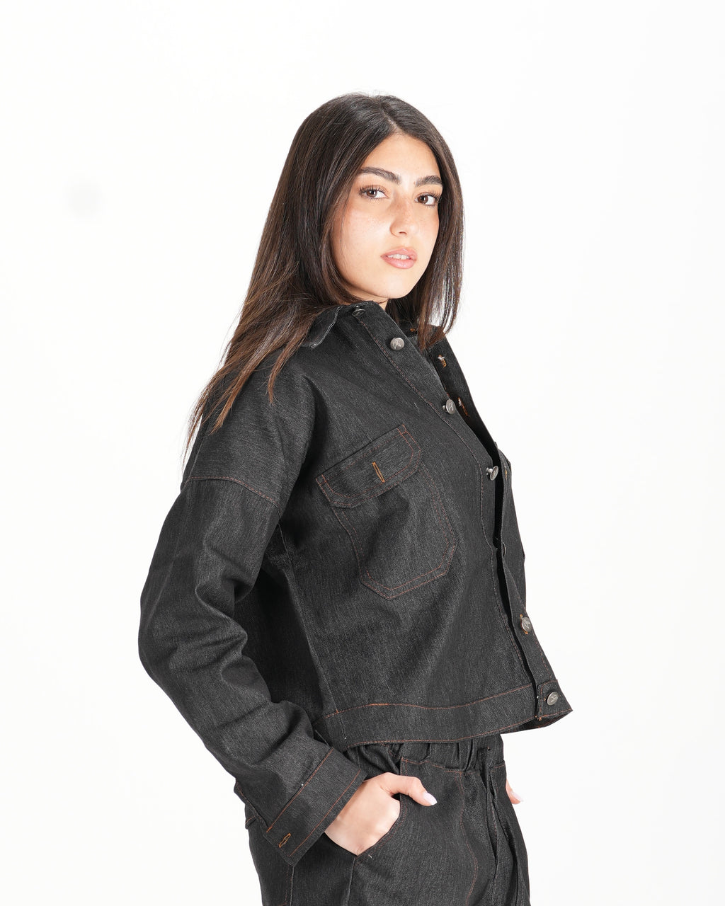 Cropped Denim Shirt - Black
