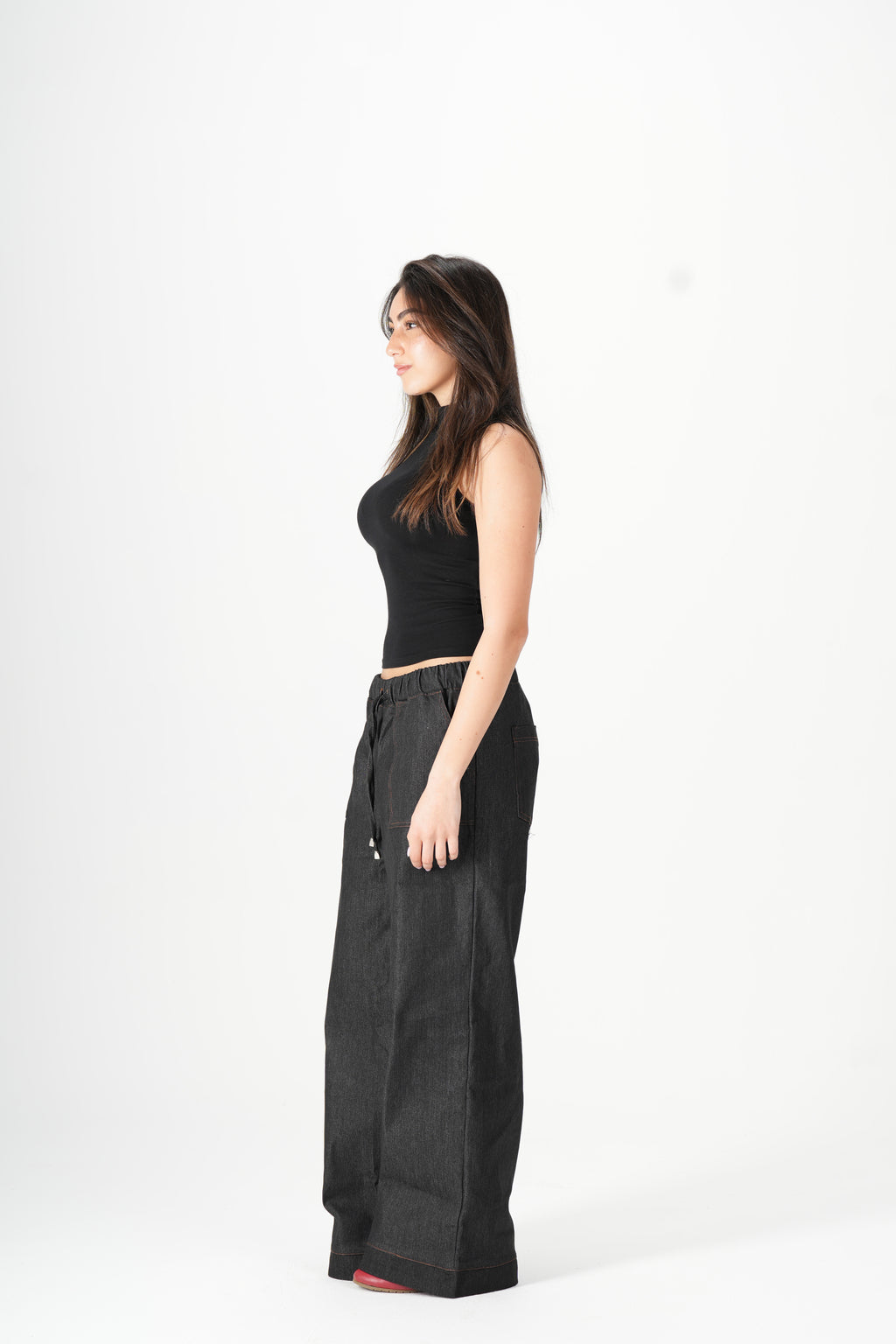 Wide Leg Denim Pants - Black