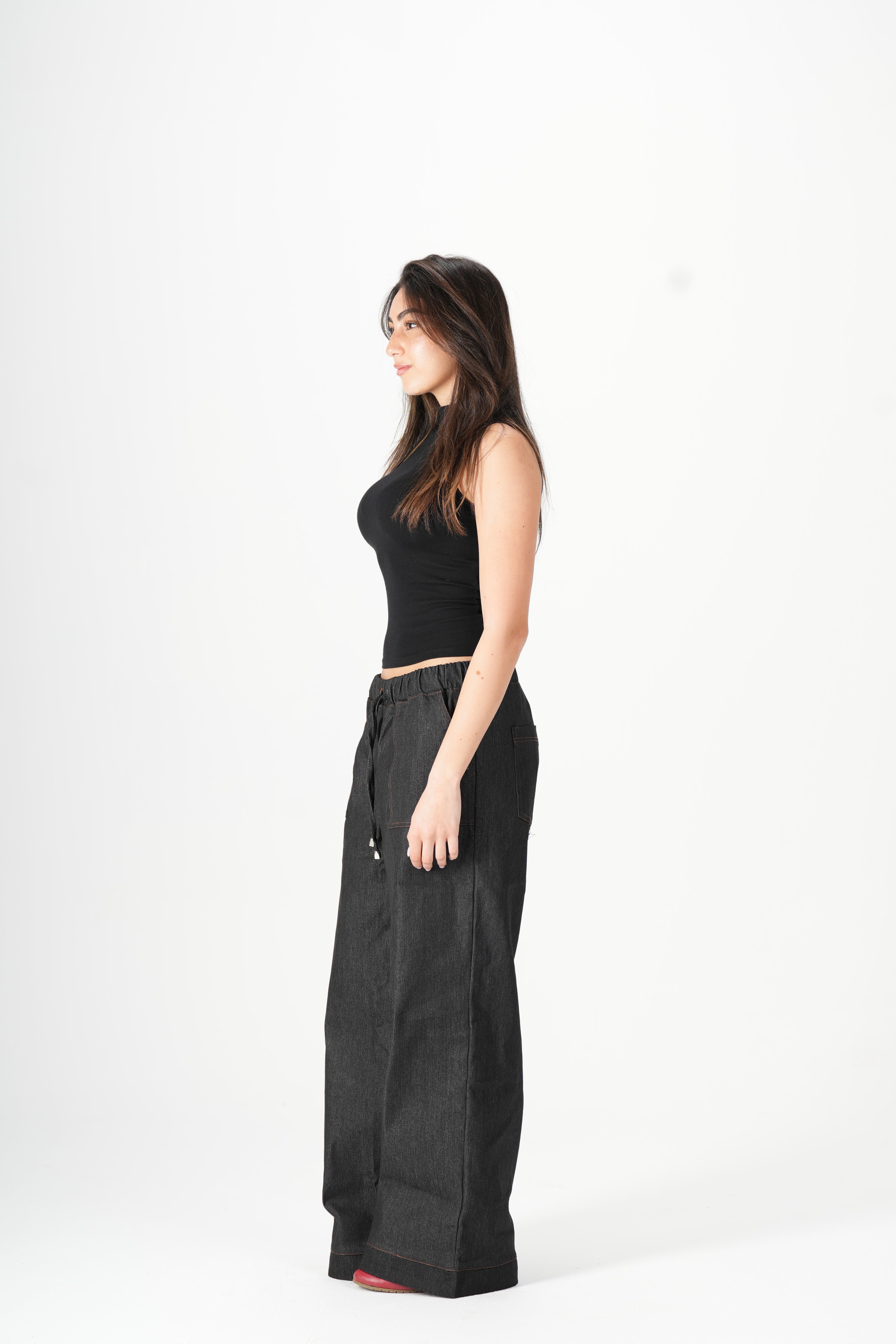 Wide Leg Denim Pants - Black