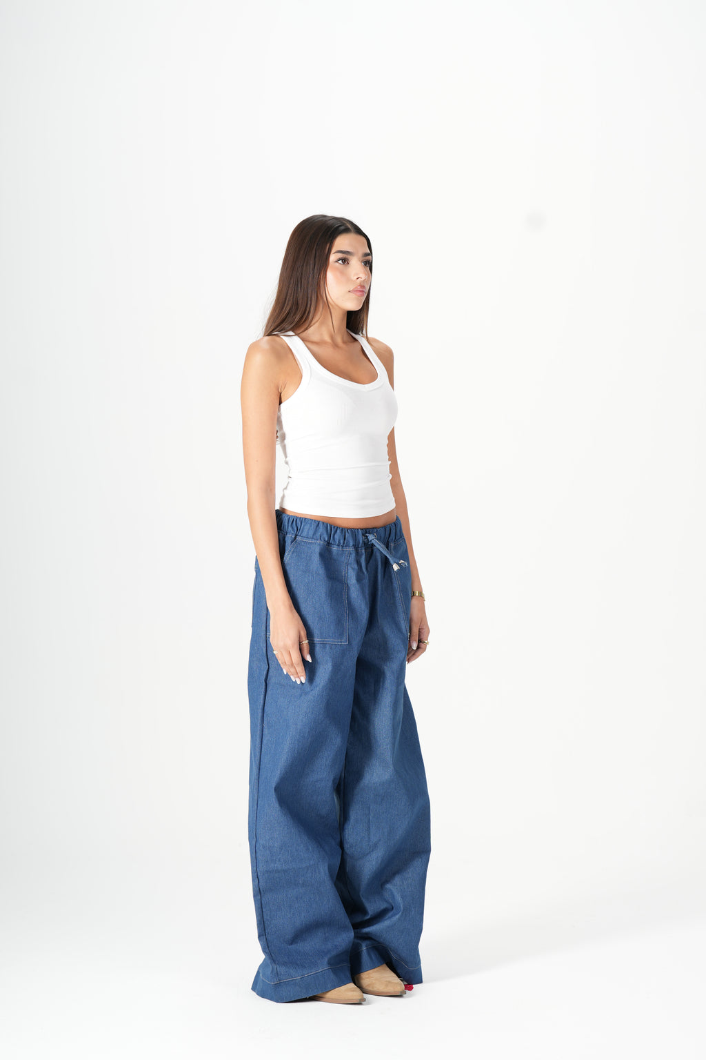 Wide Leg Denim Pants - Blue