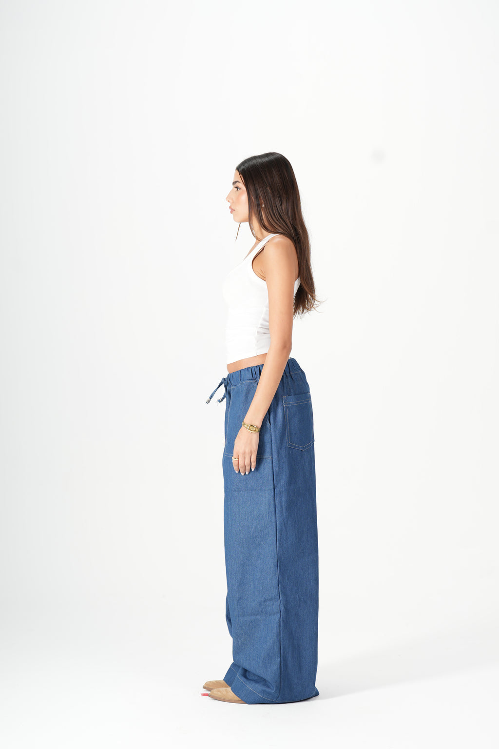 Wide Leg Denim Pants - Blue
