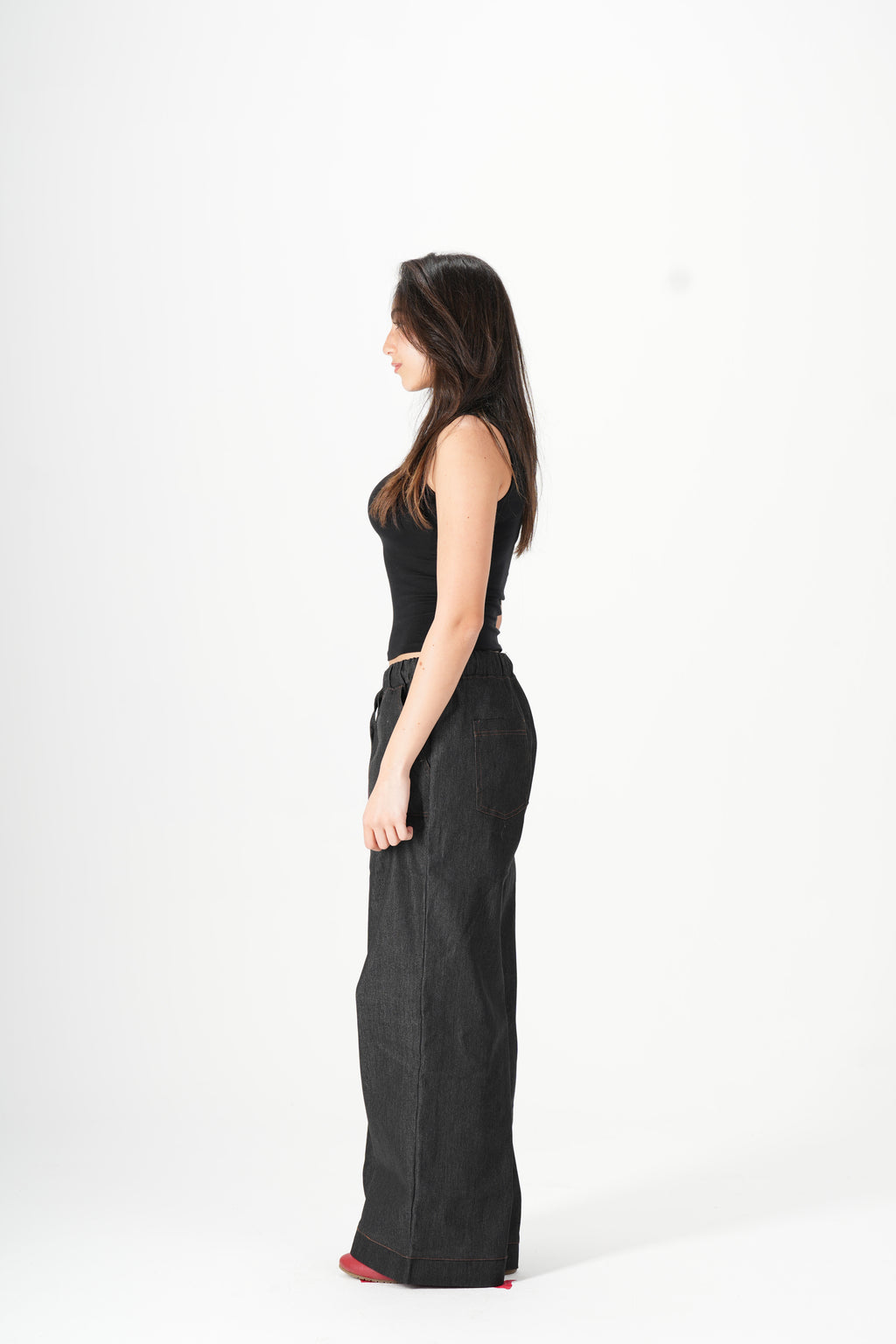 Wide Leg Denim Pants - Black
