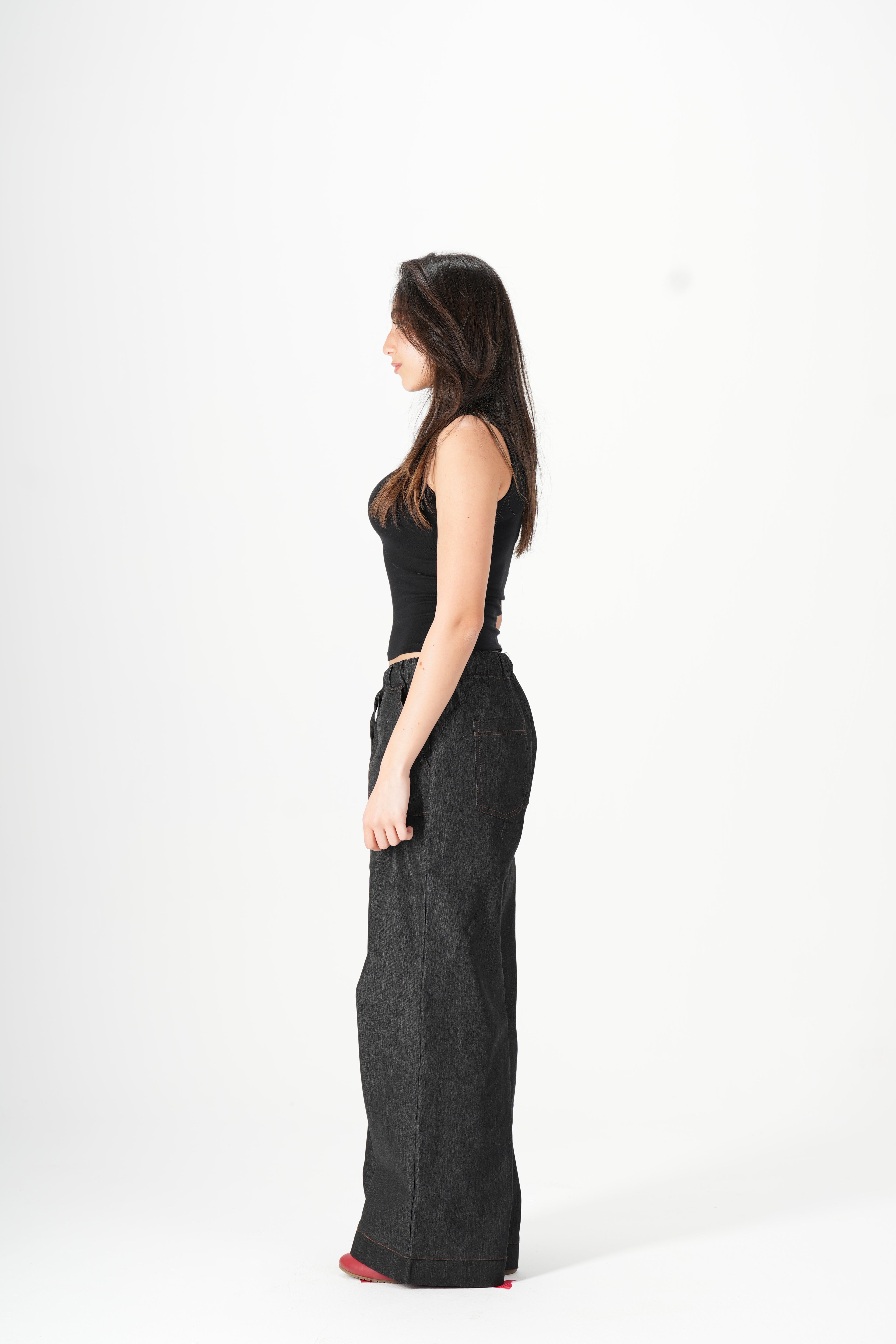 Wide Leg Denim Pants - Black