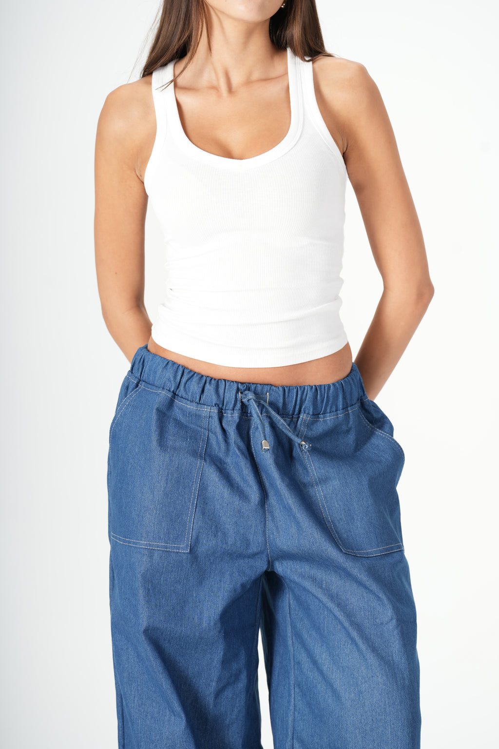 Wide Leg Denim Pants - Blue