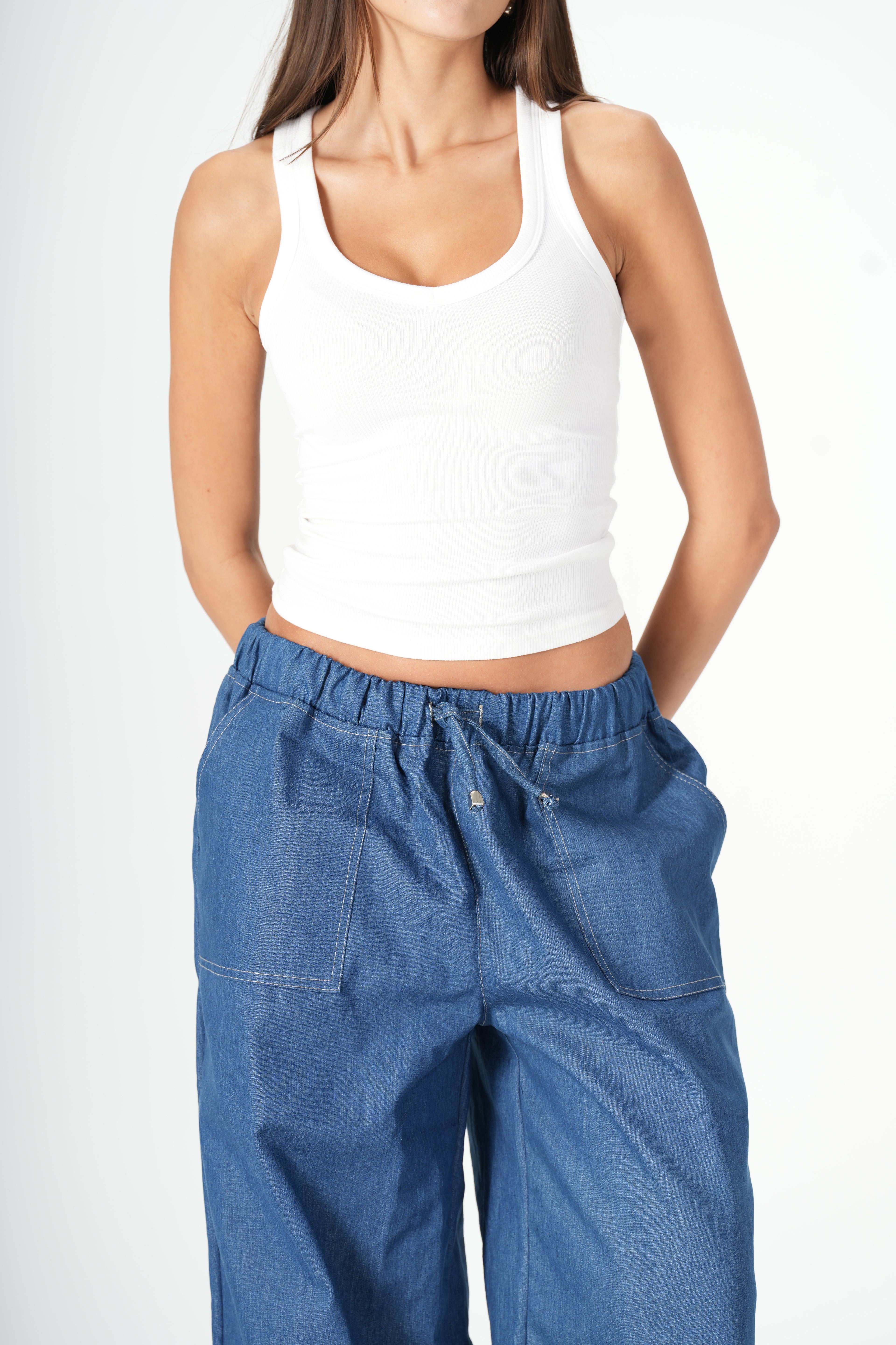 Wide Leg Denim Pants - Blue