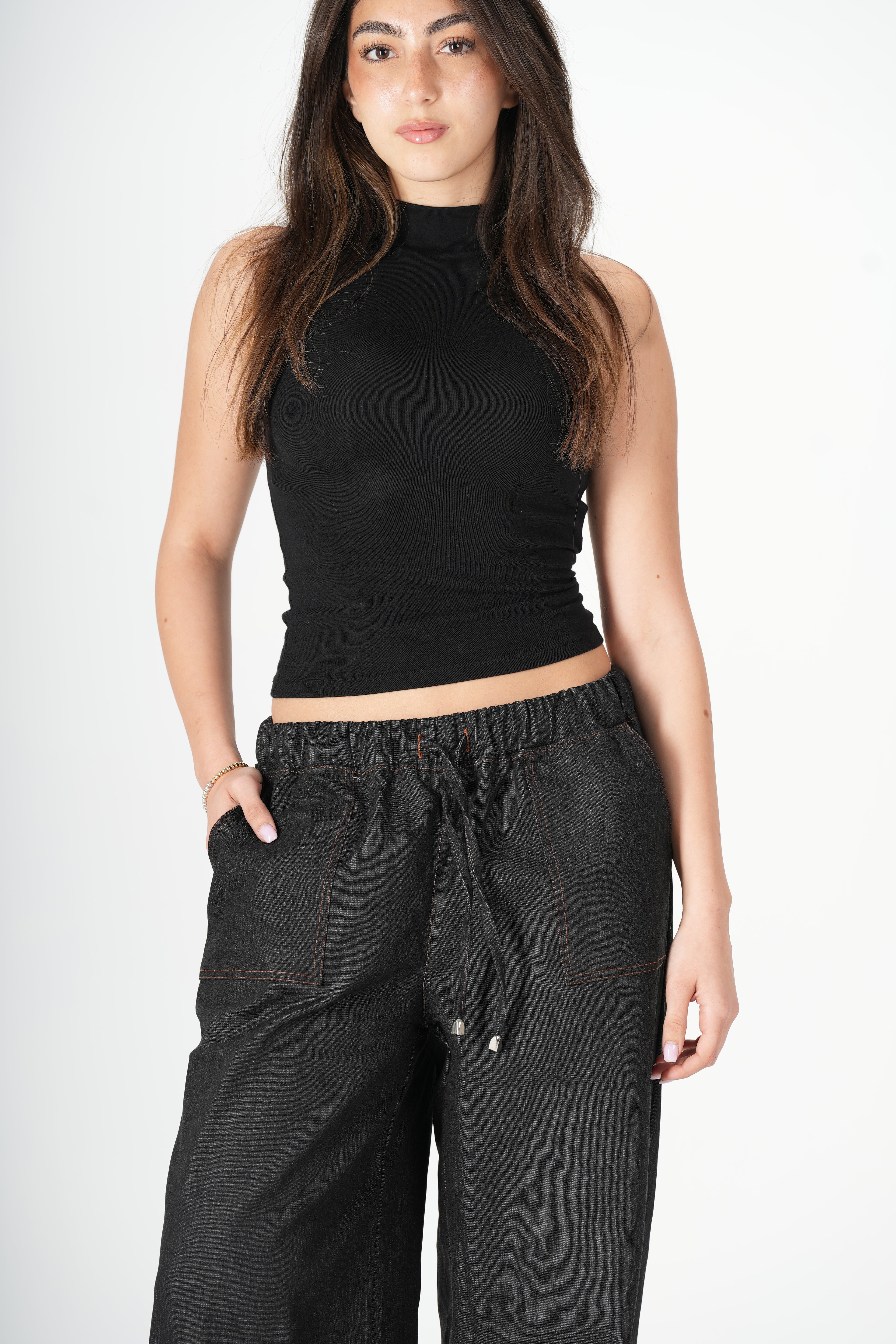 Wide Leg Denim Pants - Black