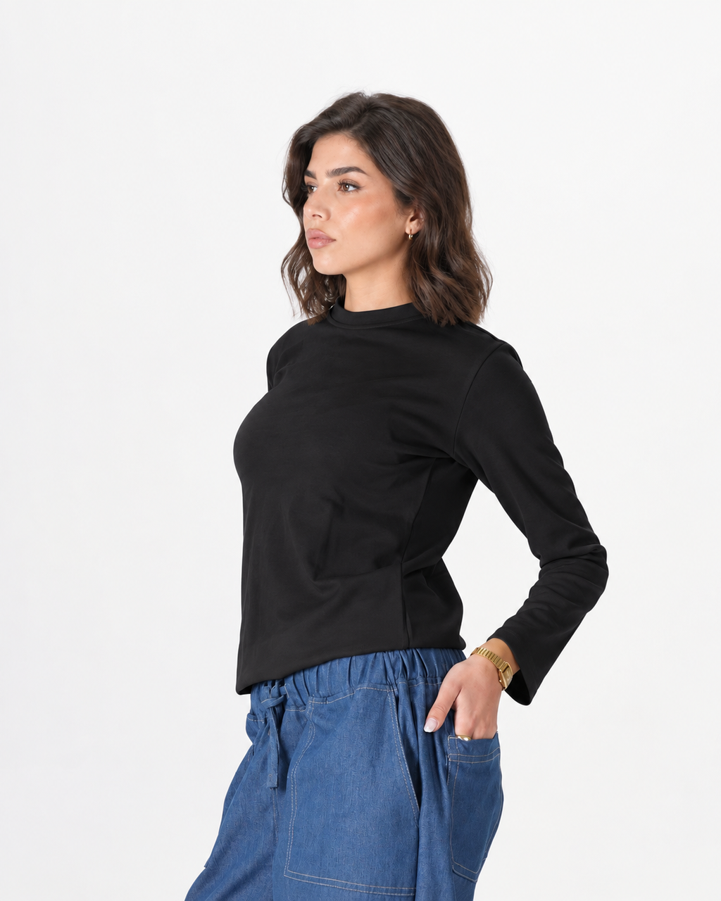 Juvorra black long-sleeve top – three quarter; AI-edited product visualization